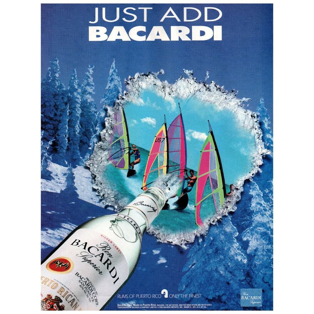 1996 Bacardi Rum Vintage Print Ad Snow Covered Trees Wind Surfers 90s Wall Art
